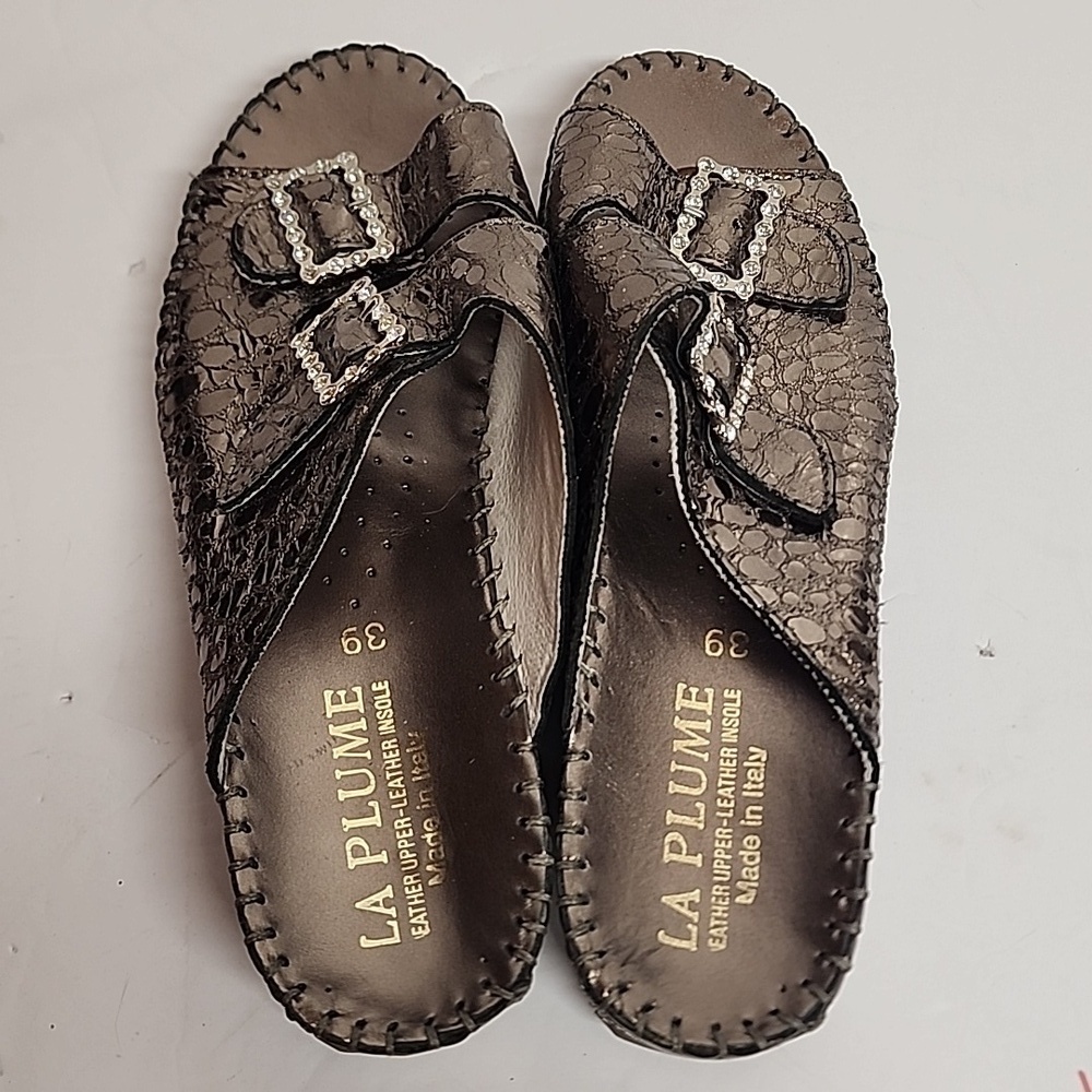 LA PLUME Made In Italy Leather Women's Metallic Slide Sandals Sz 39/US 8/8.5 - Picture 5 of 10